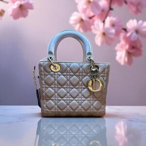 Christian Dior Medium Lambskin Cannage Lady Dior Pink Pearlescent Leather Bag